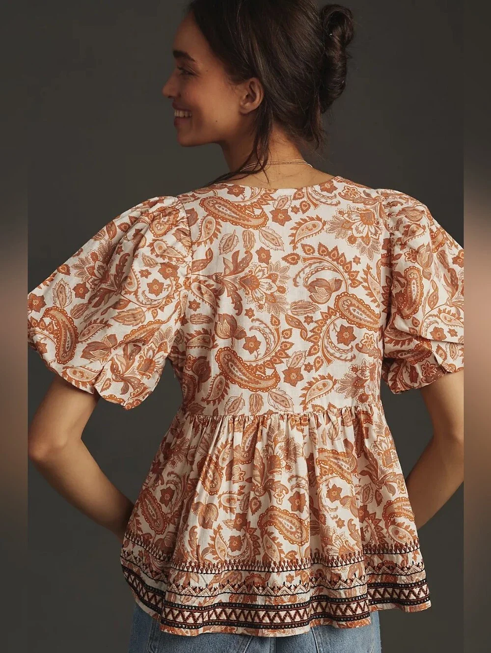 By Anthropologie Puff-Sleeve Babydoll Blouse Size Large